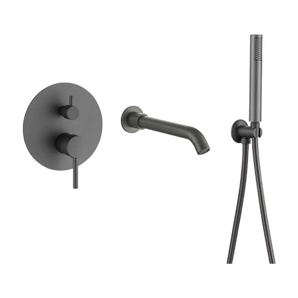 Grifo de bañera empotrado moderno gun metal dos vias dos salidas alcachofa y caño 21 cm flexo 150 cm Jucar de Valaz Valaz