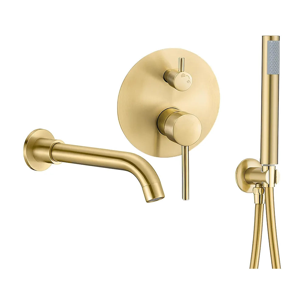 Grifo de bañera monomando empotrado oro mate proteccion PVD 2 vias alcachofa de mano y caño Jucar de Valaz Valaz