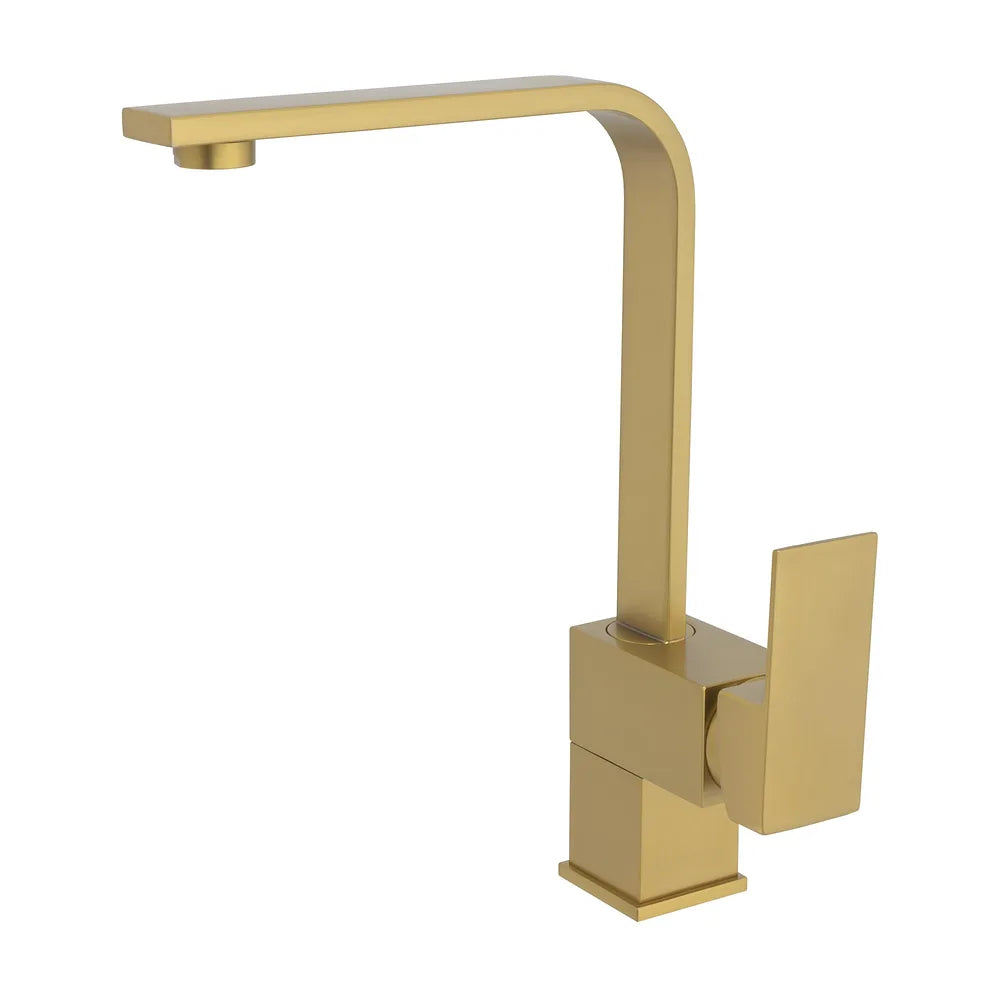 Grifo de cocina cuadrado monomando con caño alto giratorio en oro mate Lor de Valaz Valaz