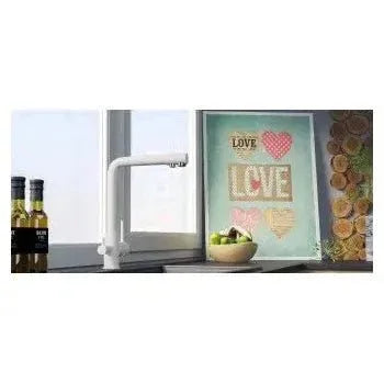 Vista principal de Grifo de cocina de 3 vías con ósmosis y estructura redonda en color blanco Nilo de Valaz