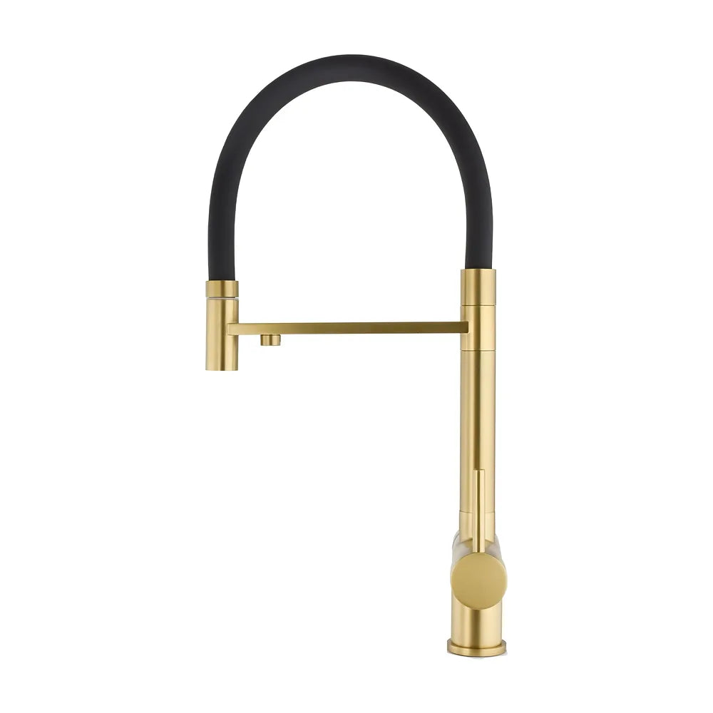 Vista lateral y perspectiva de Grifo de cocina flexible de 3 vías con ósmosis en oro mate Manzanares de Valaz