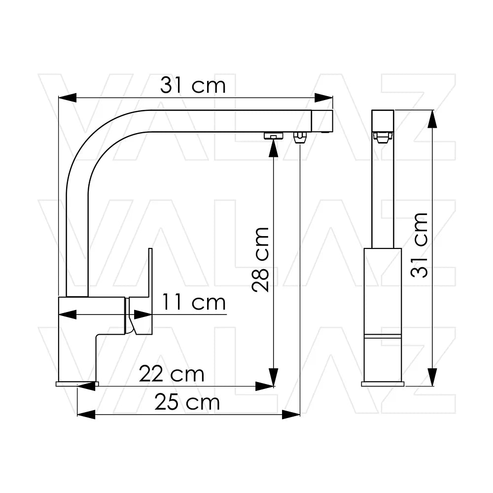 Vista lateral y perspectiva de Grifo de cocina monomando de 3 vías cuadrado con ósmosis en cromado Porcos de Valaz