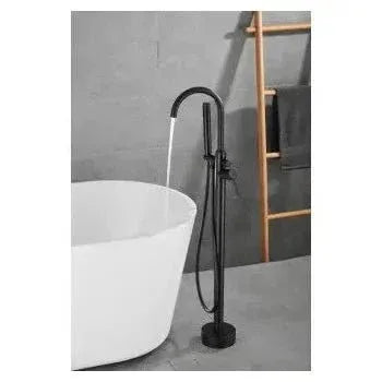 Detalle de acabado y materiales de Grifo exento para bañera redondo con alcachofa de mano en latón negro mate Ebro de Valaz