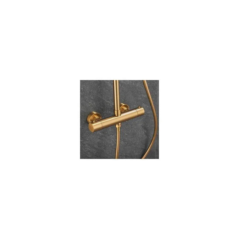 Fotografía de Columna de ducha termostática ajustable con rociador y alcachofa de mano en dorado cepillado Ebro de Valaz - Marca Valaz - MerkiMarket