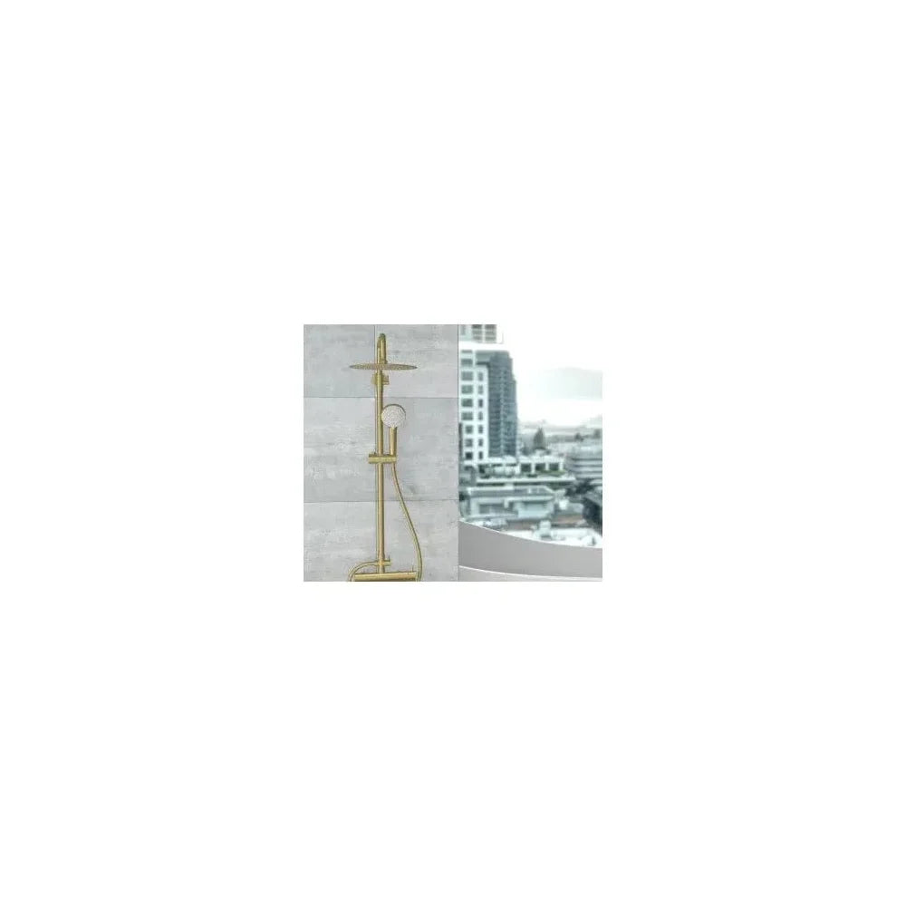 Detalle de Columna de ducha extensible con grifo monomando en latón y acero inoxidable en dorado cepillado Palancia de Valaz - Valaz - MerkiMarket