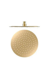 Circular stainless steel shower head with brushed gold finish, available in multiple sizes by Valaz