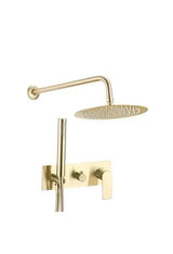 Conjunto de ducha empotrado a pared monomando redondo con embellecedor rectangular en dorado cepillado Sil de Valaz