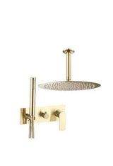 Conjunto de ducha empotrado a techo monomando redondo con embellecedor rectangular en dorado cepillado Sil de Valaz