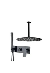 Conjunto de ducha empotrado a techo monomando redondo con embellecedor rectangular en negro mate Sil de Valaz