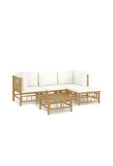 VIDAXL 3155178 Set de sofás y reposapiés para jardín de 5 piezas fabricado en bambú con cojines de color blanco de vidaXL